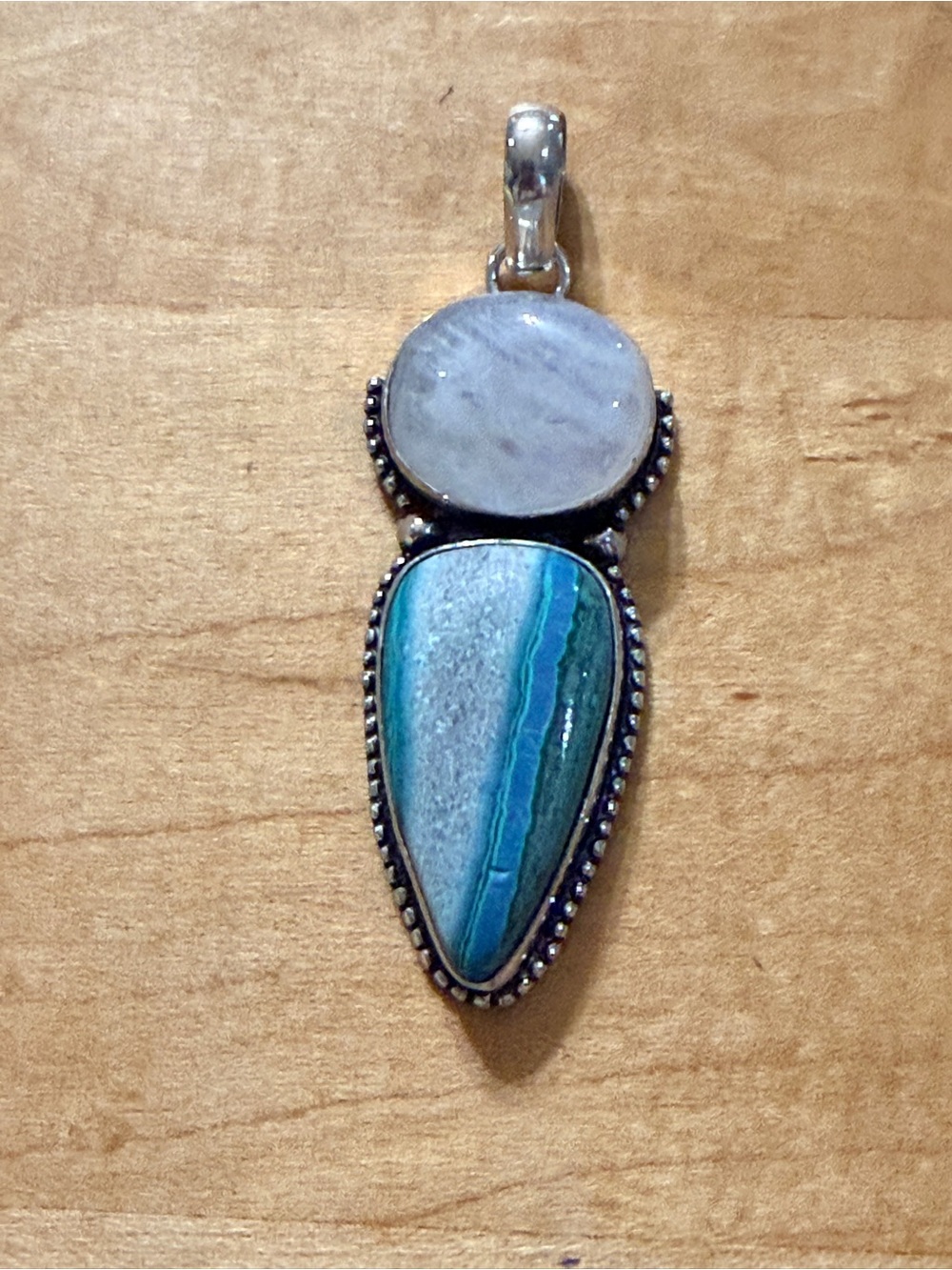 Beautiful Moostone & Chrysocolla Pendant - 925 Stamped